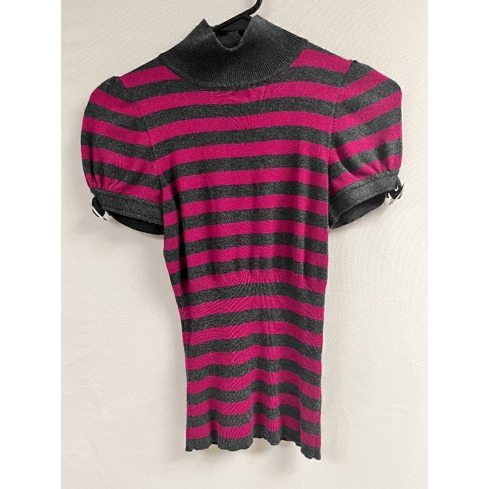Express Womens Puff Sleeve Gray Pink Stripe Knit Rayon Blend Mock Neck sweater T